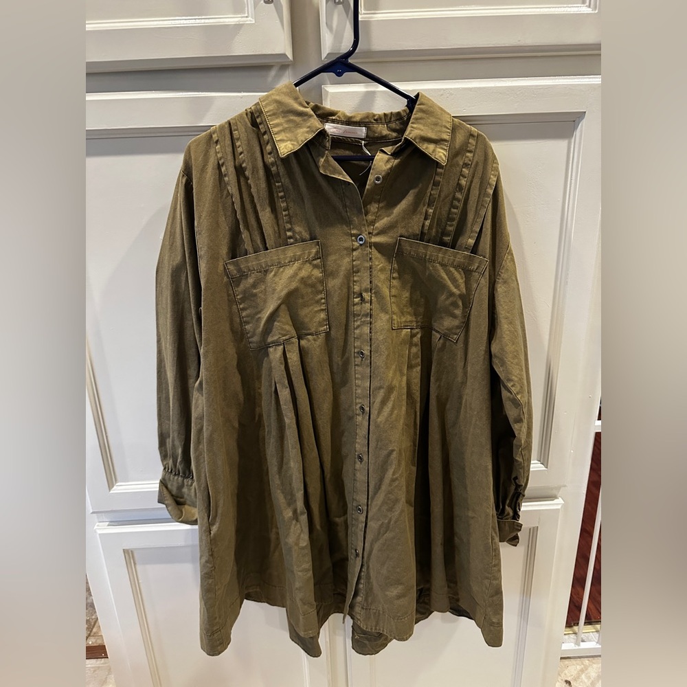 Ces Femme Olive Button Down Shirt Dress